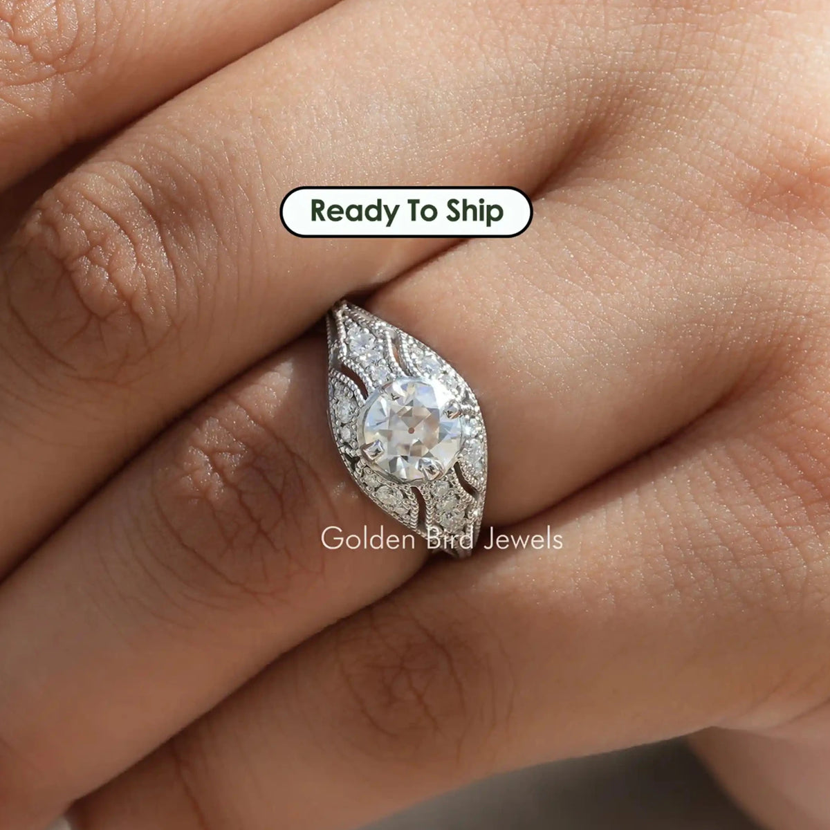 [OEC Round Cut Moissanite Art Deco Ring]-[Golden Bird Jewels]