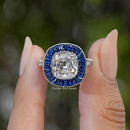 Old Mine Cushion Cut Moissanite Halo Accent Ring