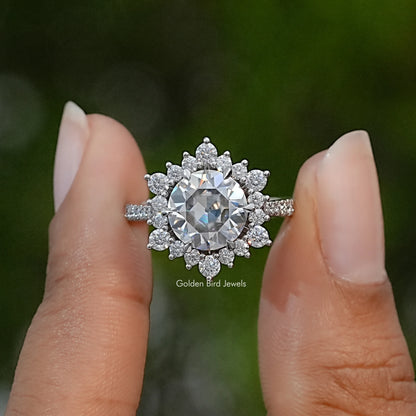 Round Cut Moissanite Halo Accent Engagement Ring