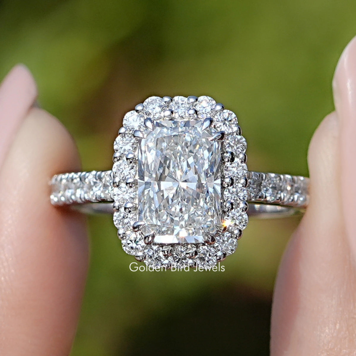 Radiant Lab Diamond Halo Accent Engagement Ring