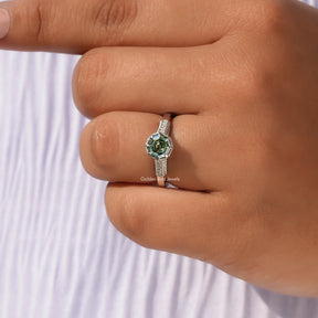 View of Green Octagon Moissanite Accent Ring In finger