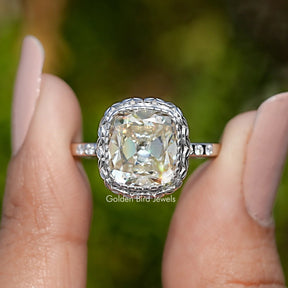 Off White Old Mine Cushion Cut Moissanite Ring