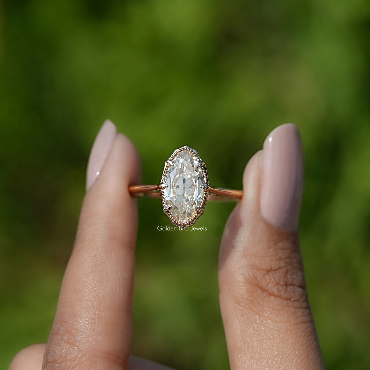 Off-White Old Mine Cut Moval Moissanite Ring