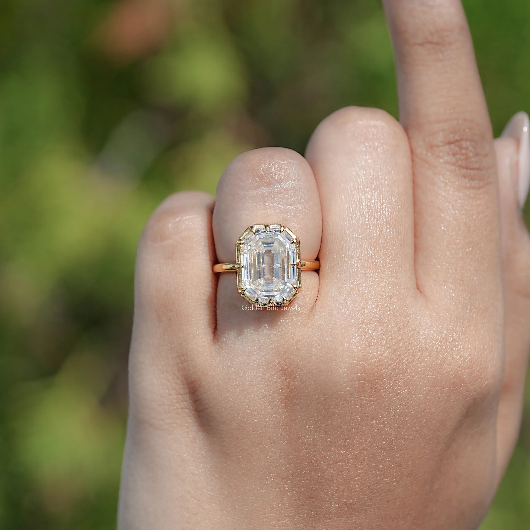 Moissanite Old Mine Emerald Cut Solitaire Ring