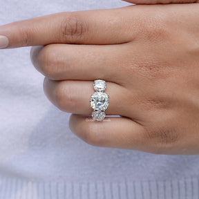 View of Old Mine Cushion Three Stone Moissanite Ring