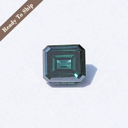 Dark green Asscher-cut moissanite gemstone