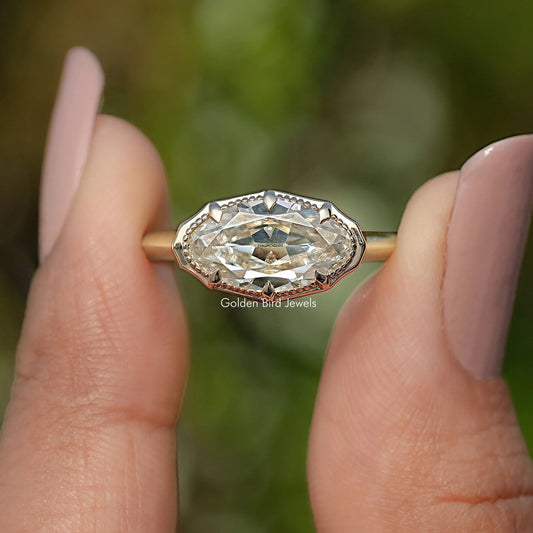 East West Old Mine Moval Moissanite Solitaire Ring