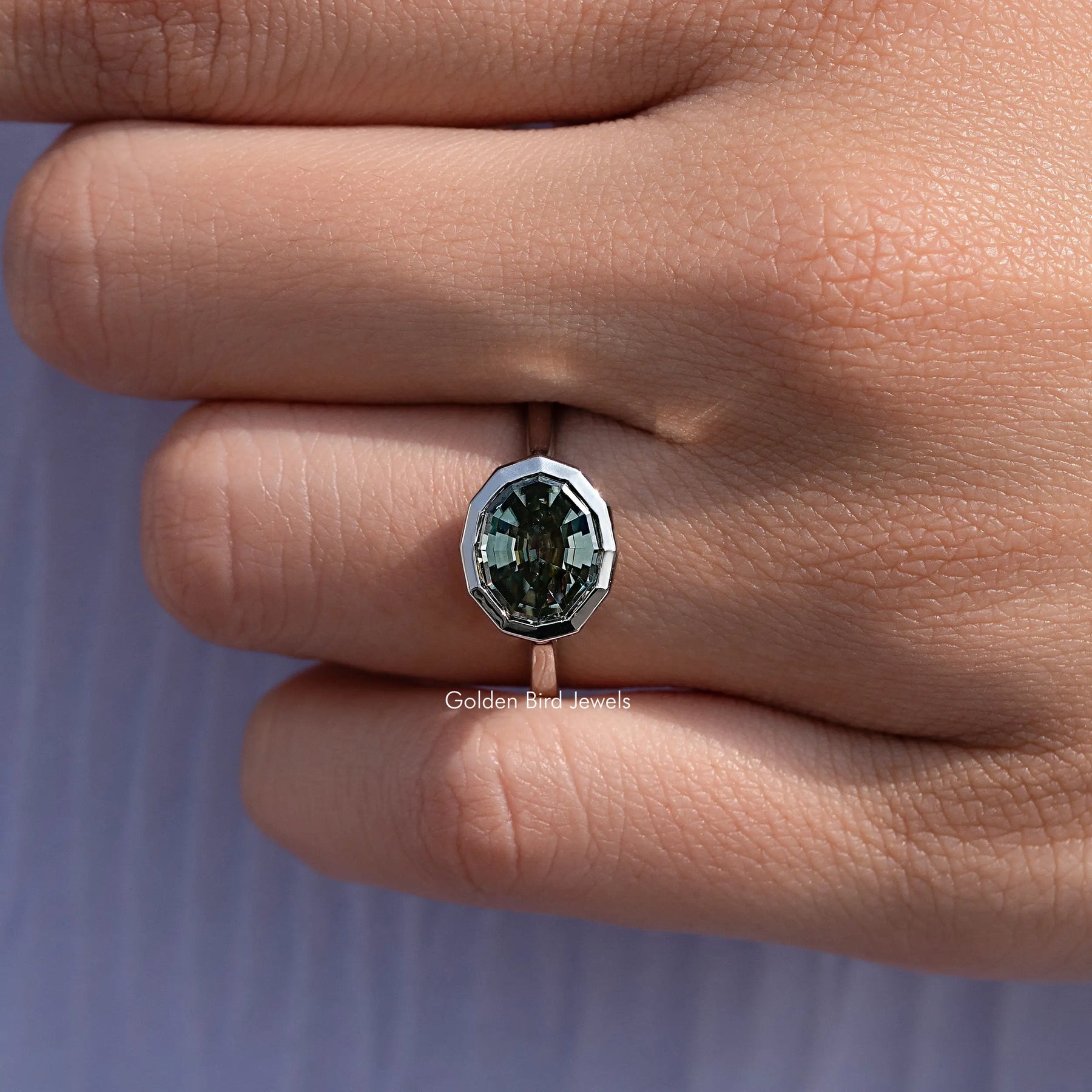 Moissanite Step Cut Oval Blue Green Solitaire Bezel Set Ring