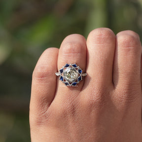 View of Round Cut Moissanite Halo Set Ring In finger