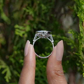 Back View of Round Cut Moissanite Halo Engagement Ring In two fingers