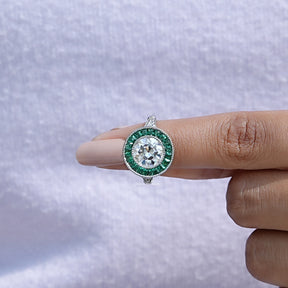 In finger front View of Round Cut Moissanite Halo Wedding Ring