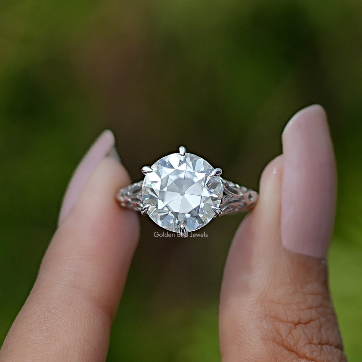 Front View of Old European Round Cut Moissanite Vintage Ring In two Fingers