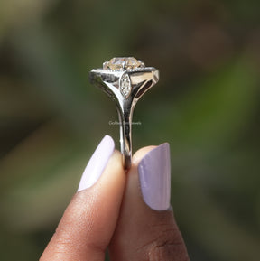 [Side view of old european round and tapper baguette cut moissanite ring]-[Golden Bird Jewels]