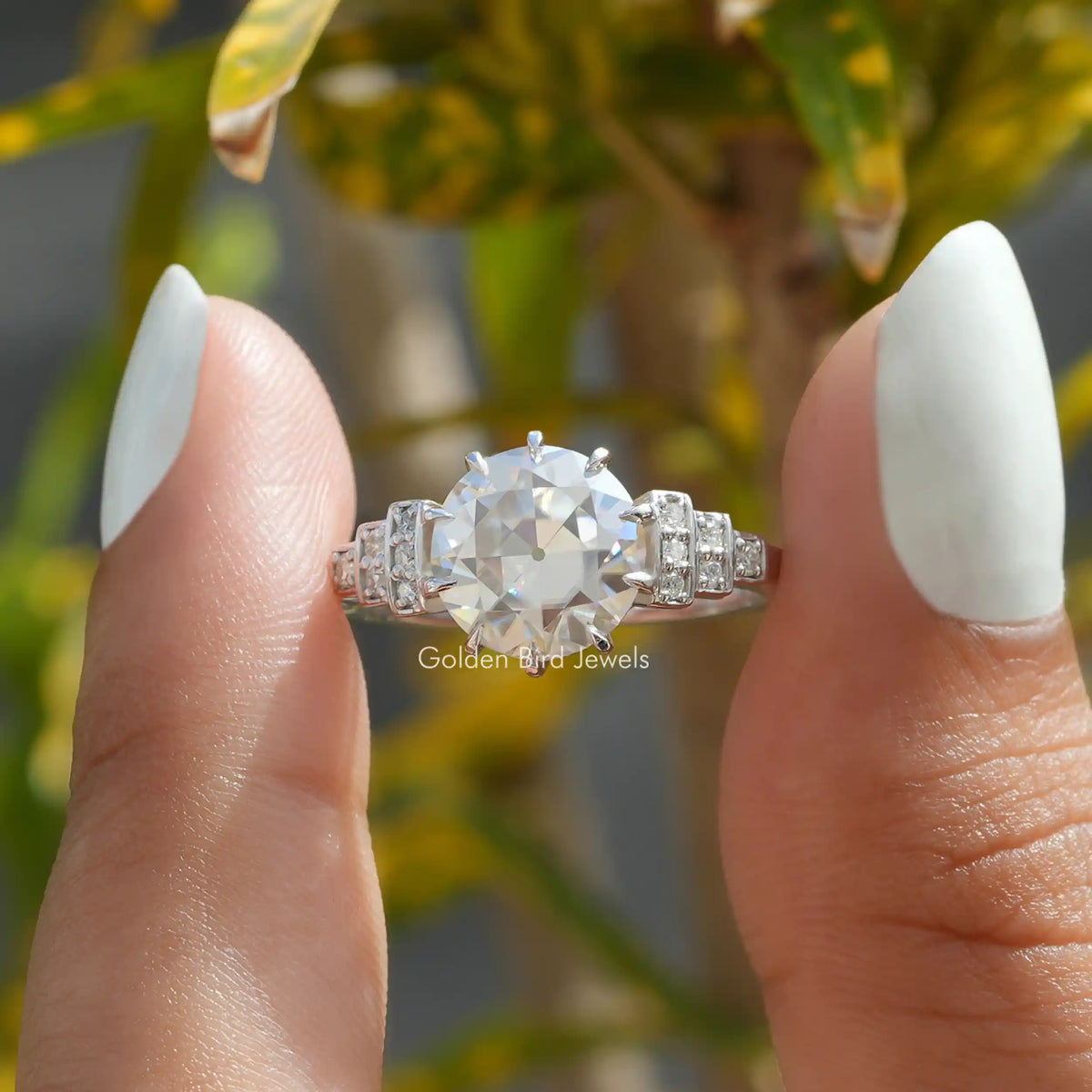 [In two finger front view of old european round cut moissanite ring]-[Golden Bird Jewels]