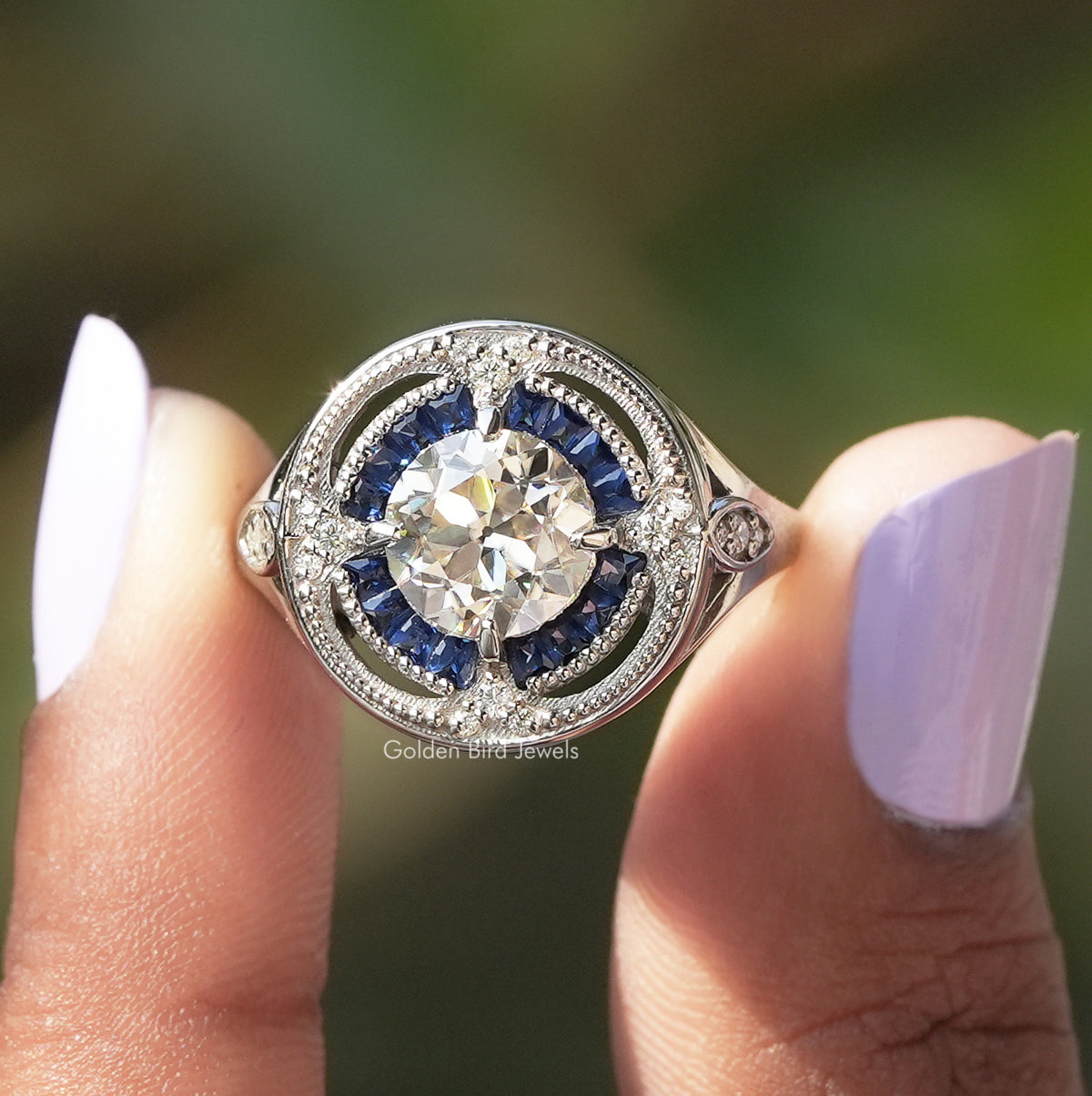 [Old european round cut moissanite ring made of white gold]-[Golden Bird Jewels]