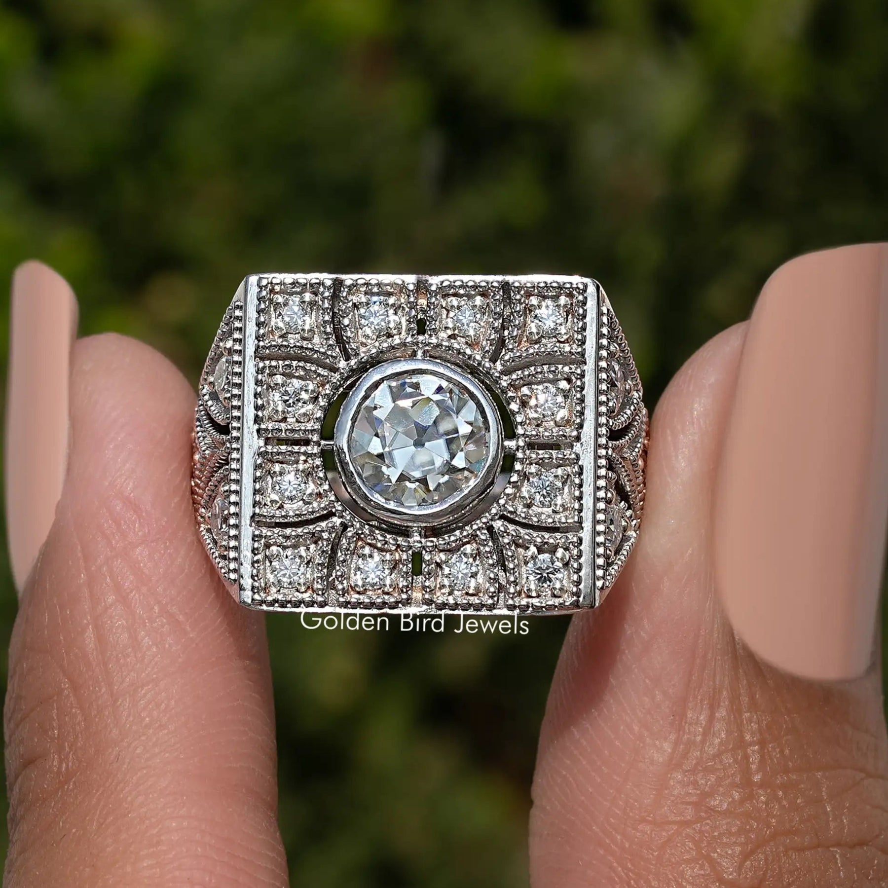 Old European Round Cut Art Deco Square Moissanite Ring