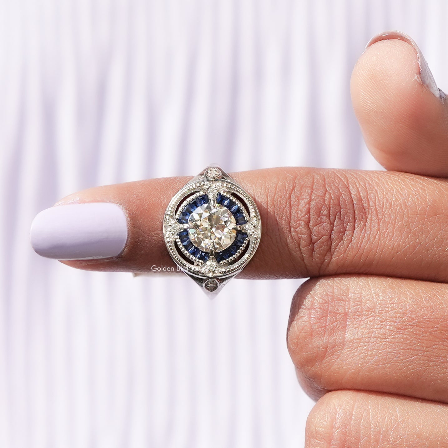 [This old european round and tapper baguette cut halo moissanite ring made of white gold and prong setting]-[Golden Bird Jewels]