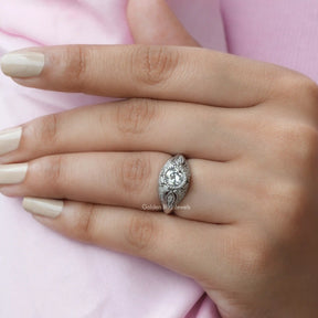 View of Old European Round Cut Moissanite Anniversary Ring In Finger