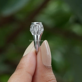 [In two finger side view of moissanite anniversary ring made of 18k white gold]-[Golden Bird  Jewels]