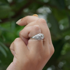[In finger side view of moissanite old european round cut ring made in 18k white gold]-[Golden Bird  Jewels]