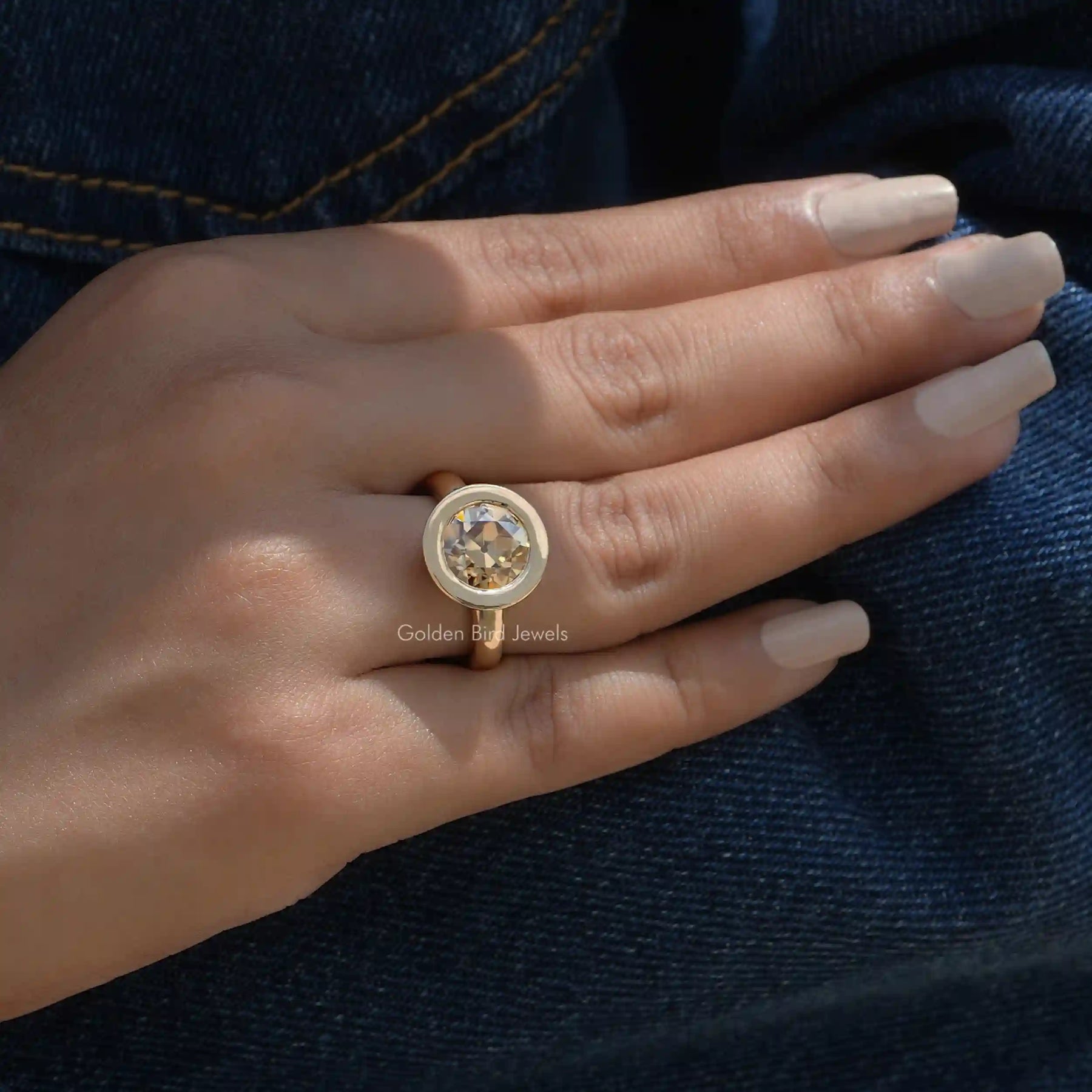 [Old european round cut moissanite bezel setting ring made of 18k yellow gold]-[Golden Bird  Jewels]