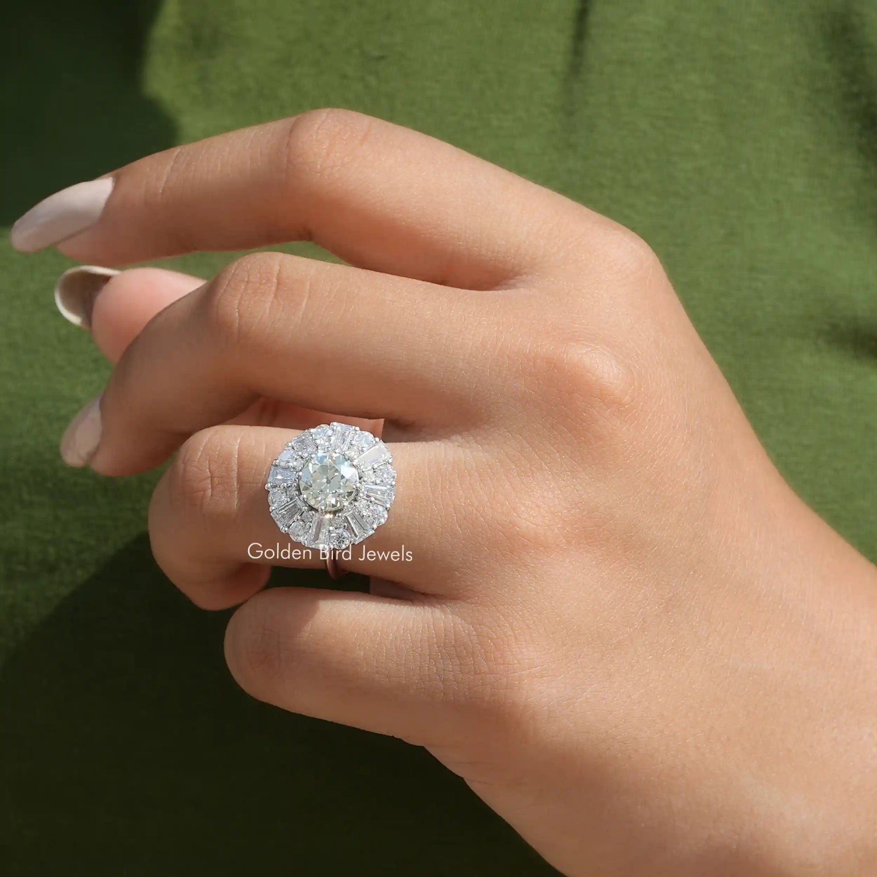 [Old european round cut moissanite ring made of tapper baguette cut side stones]-[Golden Bird Jewels]