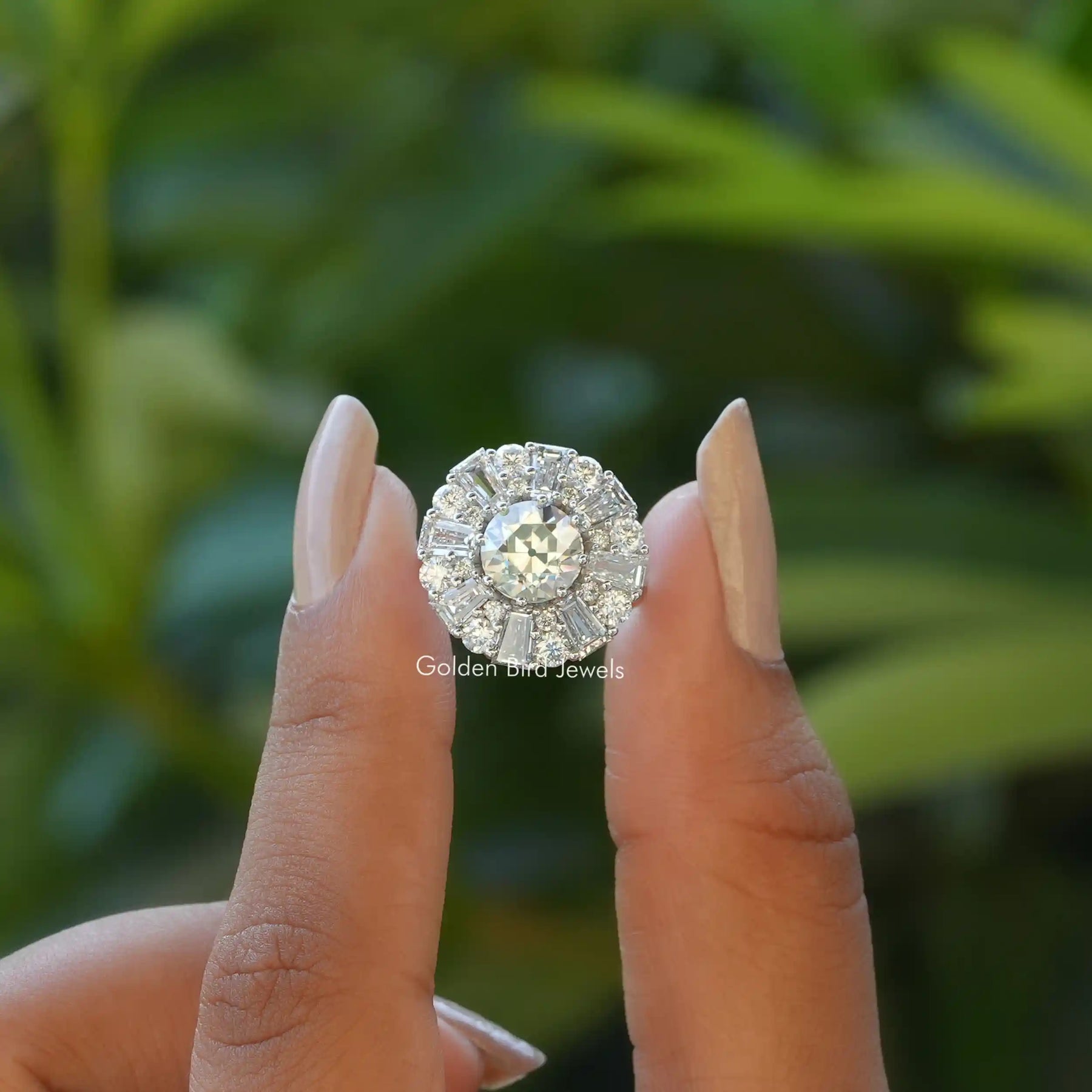 [In two finger front view of old european round cut moissanite cluster halo ring]-[Golden Bird Jewels]