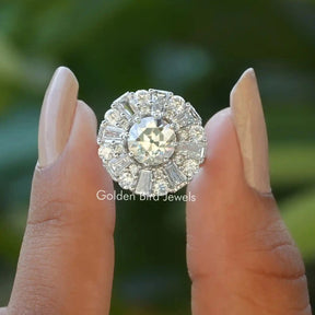 [In two finger front view of old european round cut moissanite cluster halo ring]-[Golden Bird Jewels]