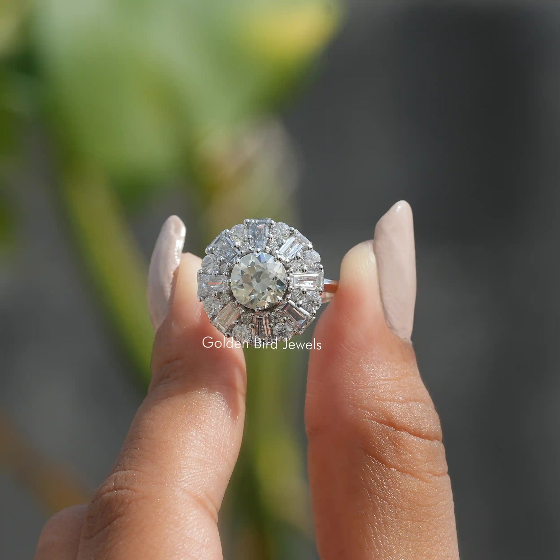 [Front view of old european round cut moissanite cluster halo ring]-[Golden Bird Jewels]