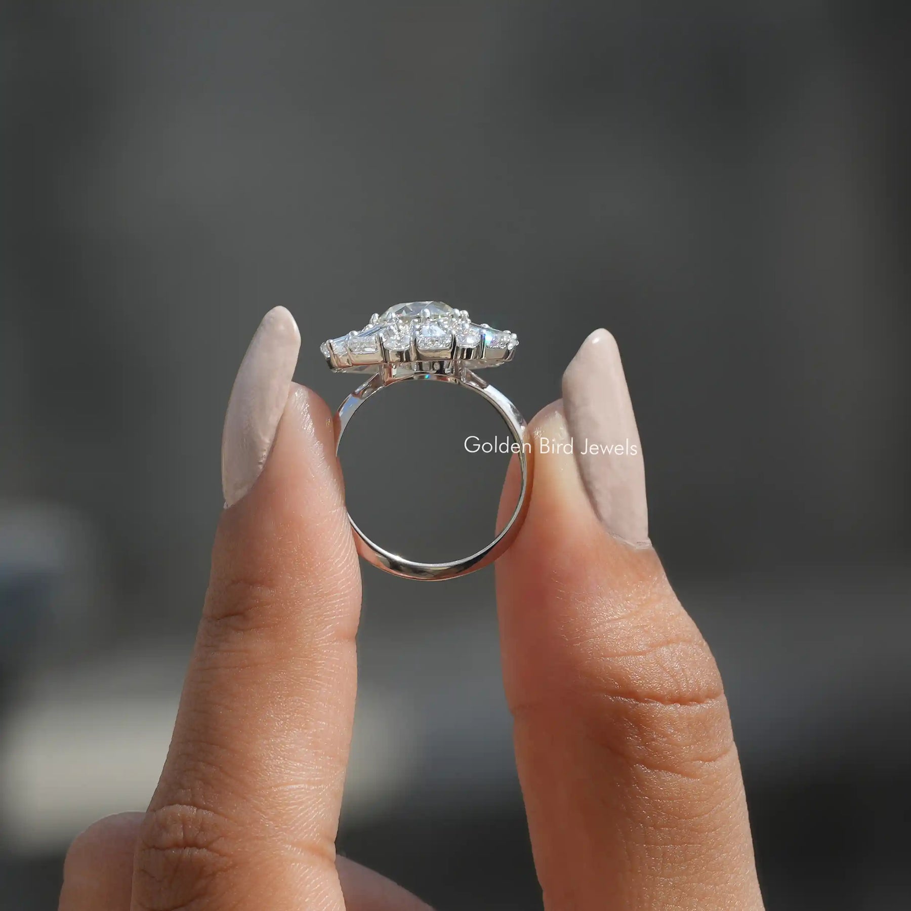 [In two finger view of old european round cut moissanite cluster halo ring]-[Golden Bird Jewels]