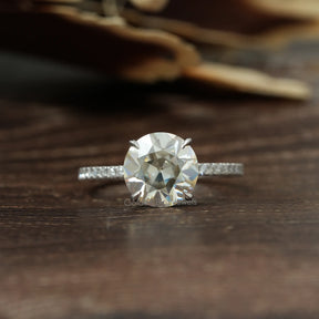 [Old european round cut moissanite hidden halo ring made in 18k white gold]-[Golden Bird Jewels]