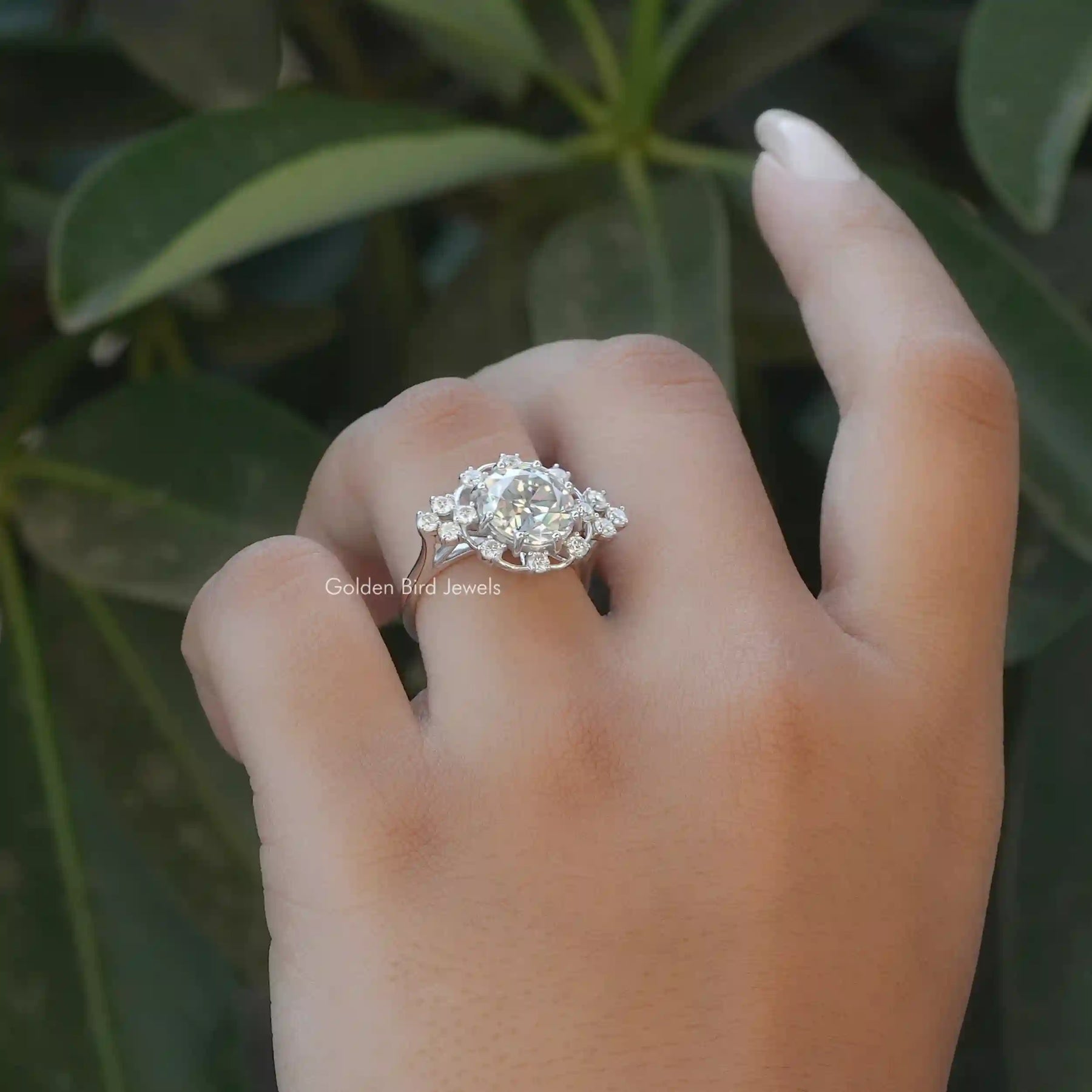 [Old european round cut moissanite ring set in shank setting]