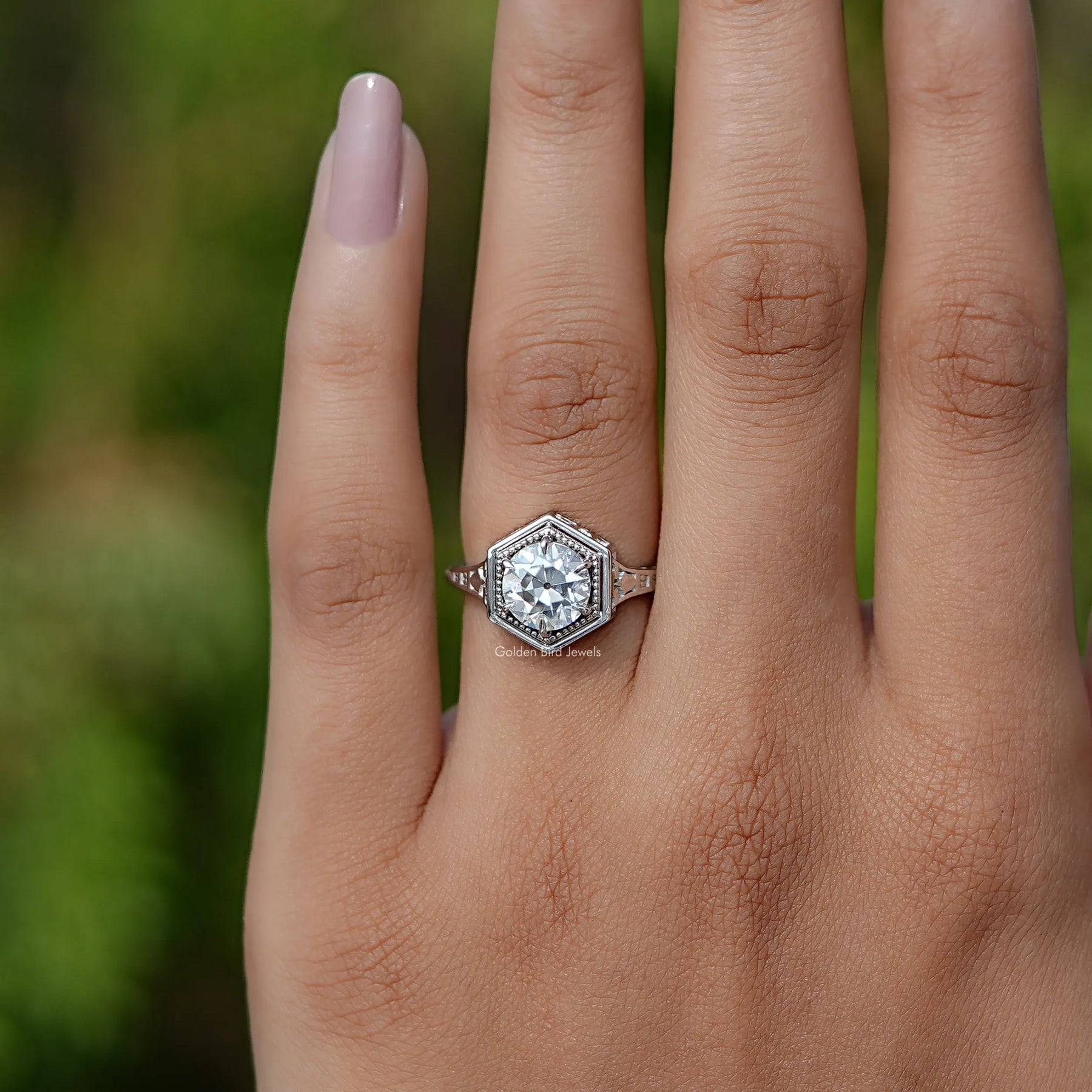 View of Old European Round Cut Moissanite Ring In White Gold