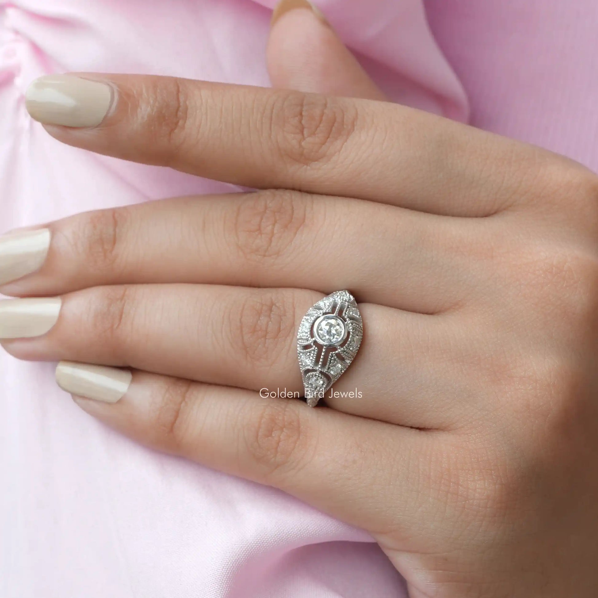 Detailed View Of Moissanite Old European Round Cut Vintage Ring In White Gold