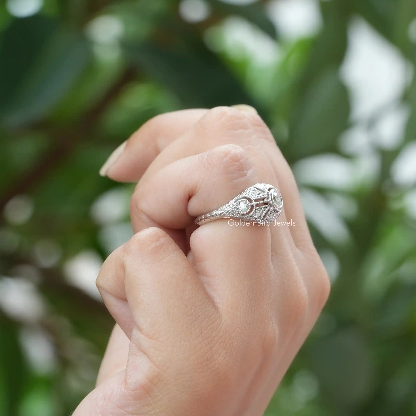 View of Old European Round Cut Moissanite Ring In Finger