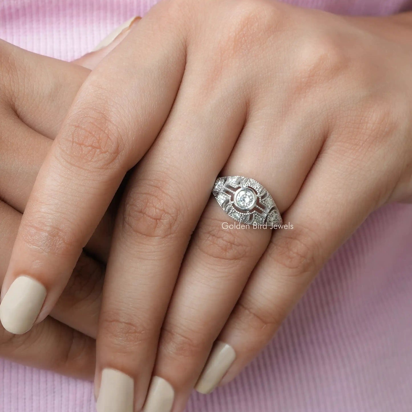 Close-Up View of Old European Round Cut Moissanite Ring In White Gold