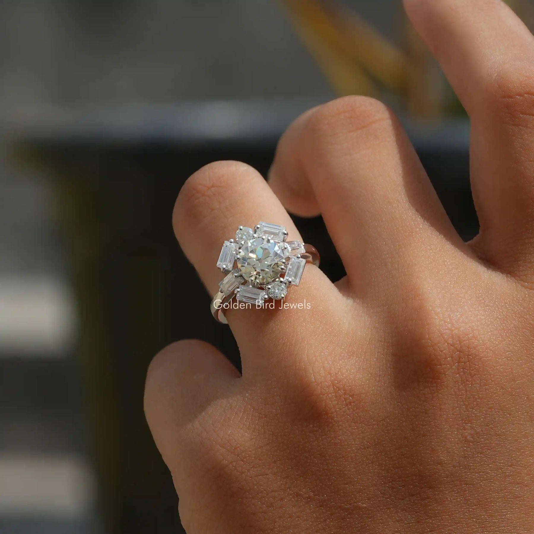 [Old European Cut Round Moissanite Engagement Ring Made In White Gold]-[Golden Bird Jewels]