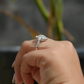 [Moissanite Halo Engagement Ring Crafted With Old European Cut Round & Baguette Cut Stones]-[Golden Bird Jewels]
