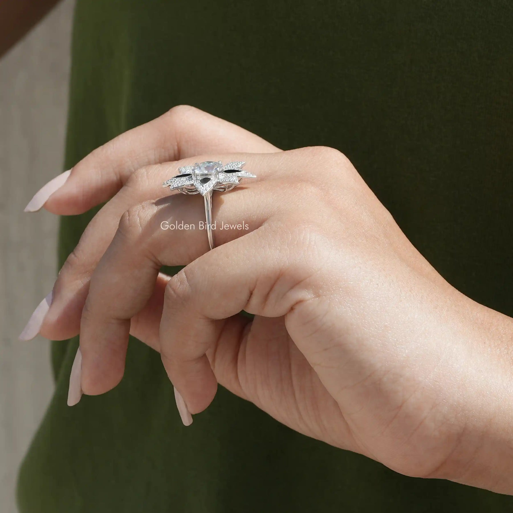 [Old European Round Cut Moissanite Ring Set In Cathedral Setting]-[Golden Bird Jewels]