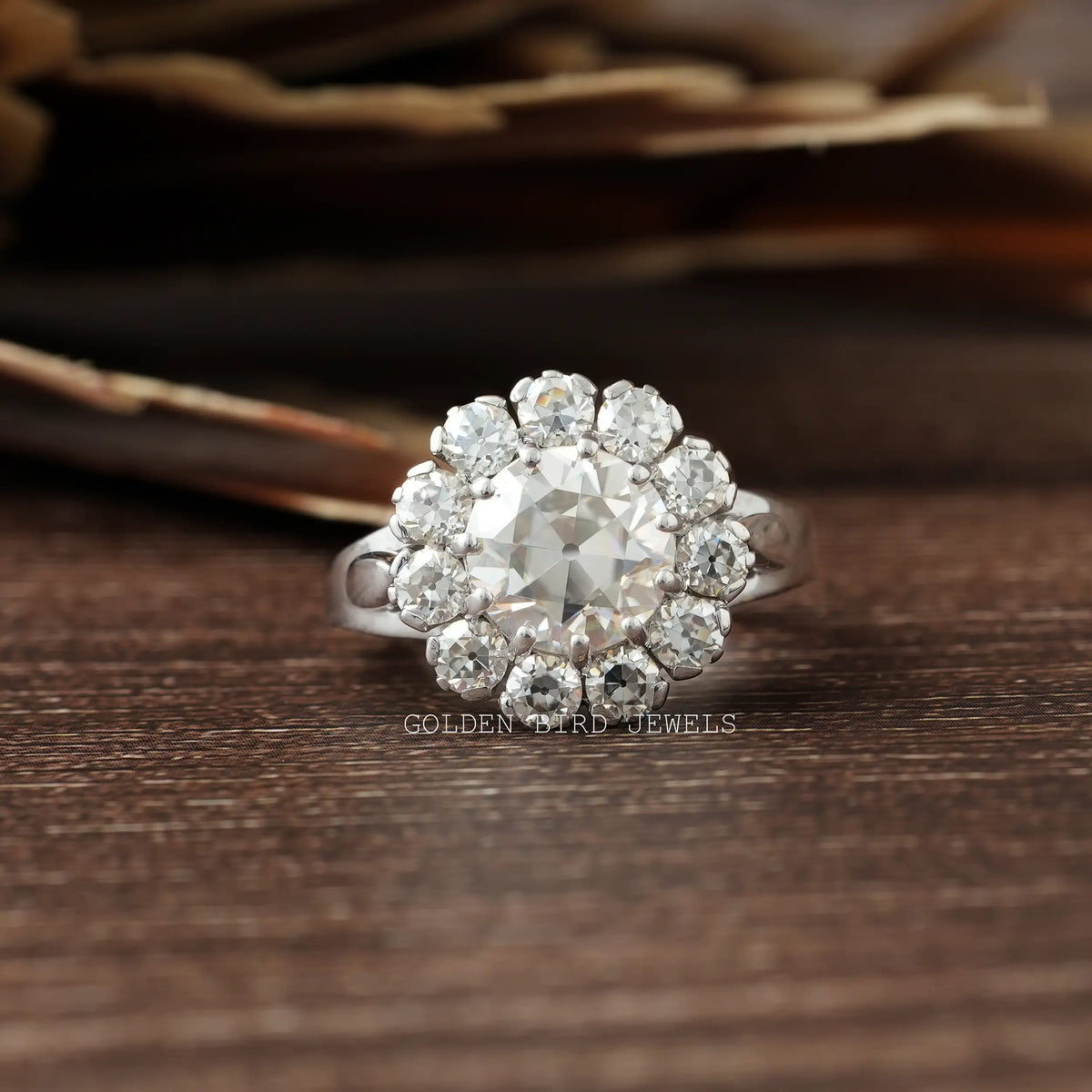 [Front view of old european round cut floral style vintage ring]-[Golden Bird Jewels]