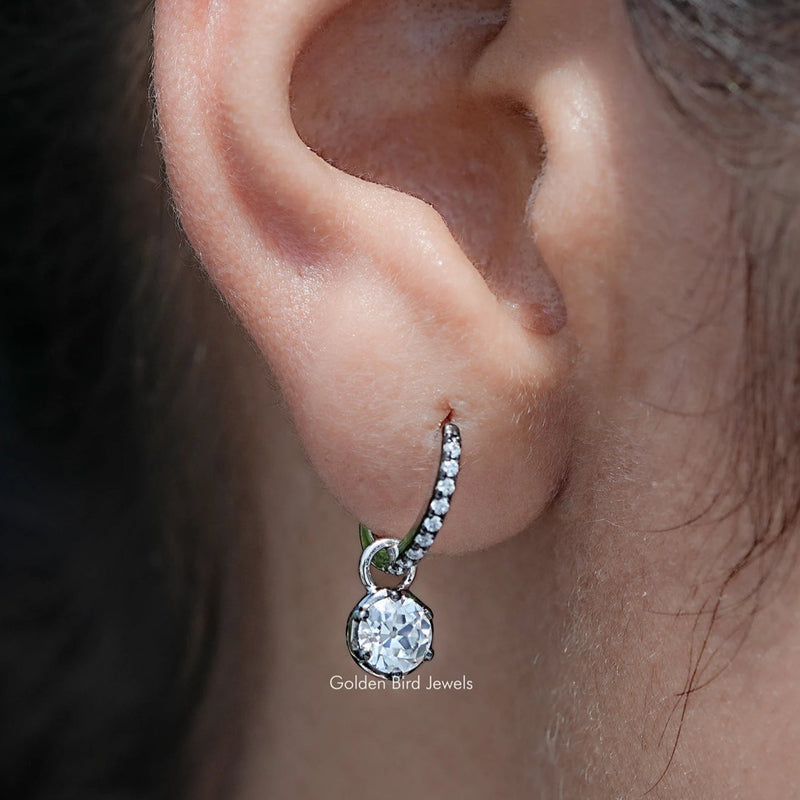 Old European Round Moissanite Dangle Hoop Earrings