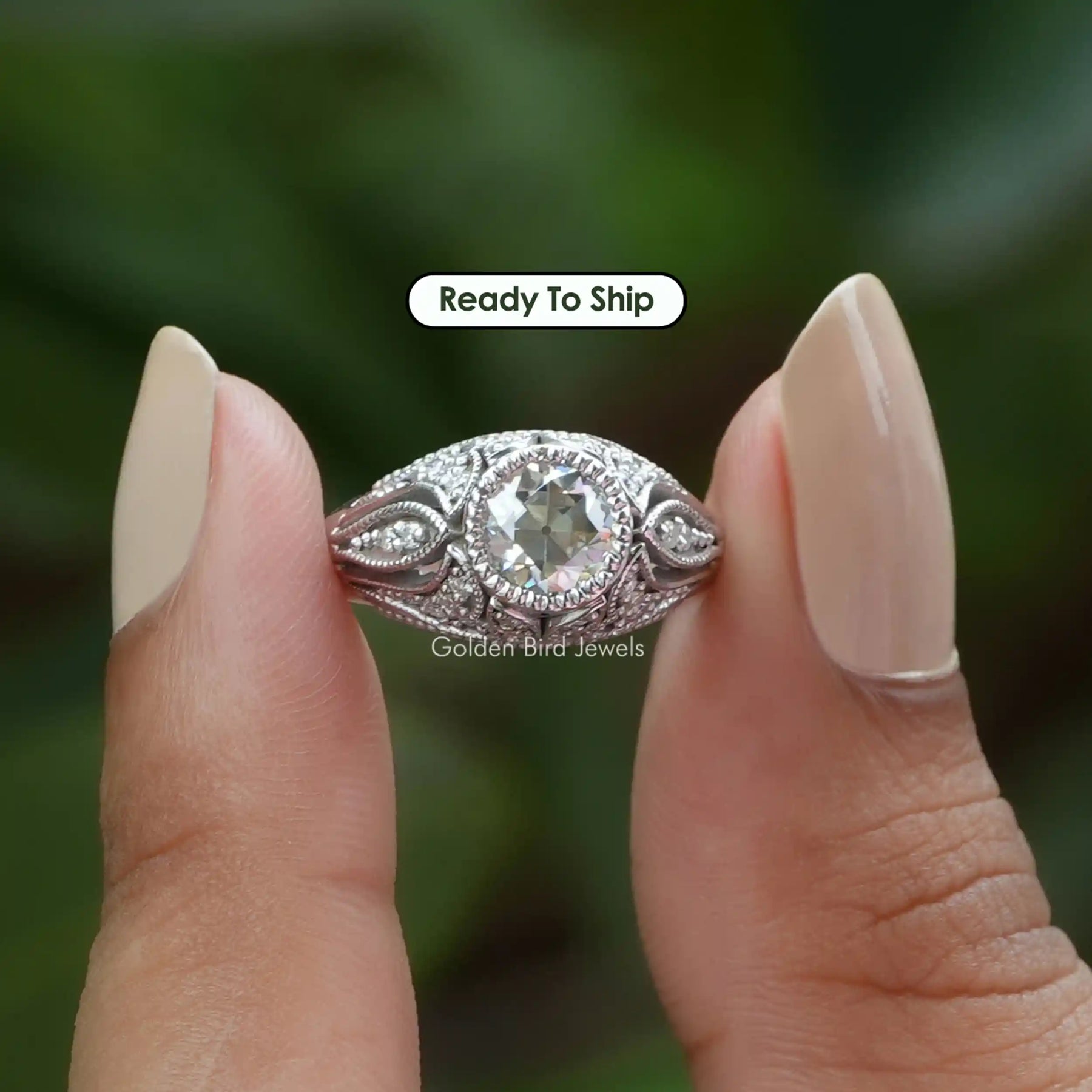 [In finger front view of old european round cut moissantie ring]-[Golden Bird Jewels]