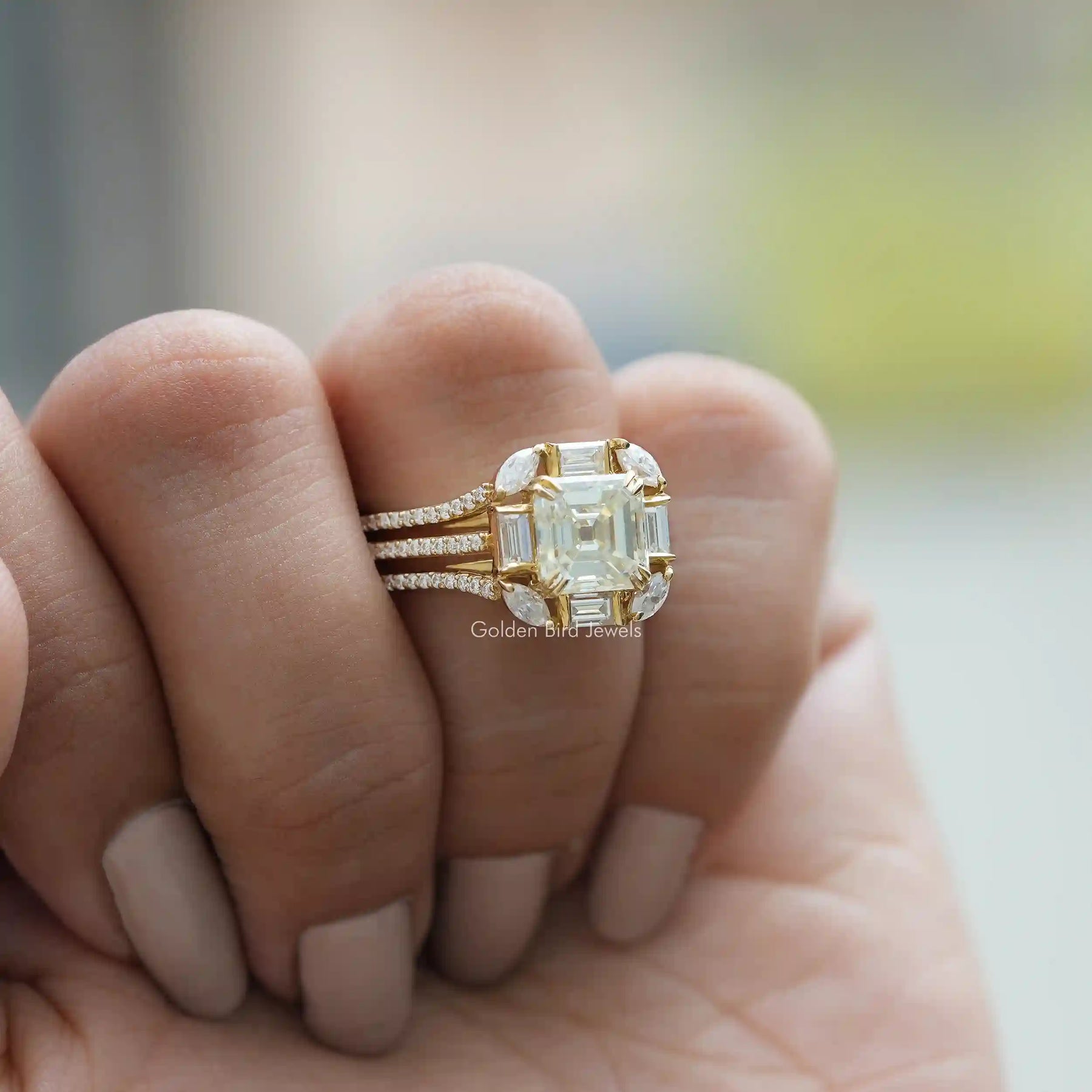 [Side view of old mine asscher cut moissanite cluster engagement ring made of side marquise and baguette cut stones]