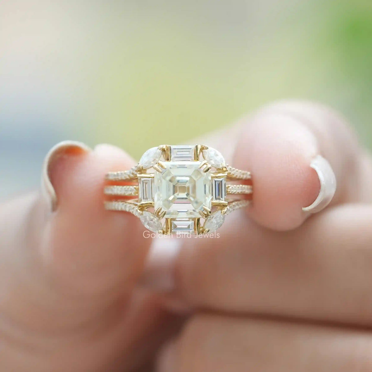 [Old Mine Asscher Cut Moissanite Ring]-[Golden Bird Jewels]