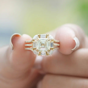 [Old mine asscher cut moissanite cluster engagement ring made in 14k yellow gold]