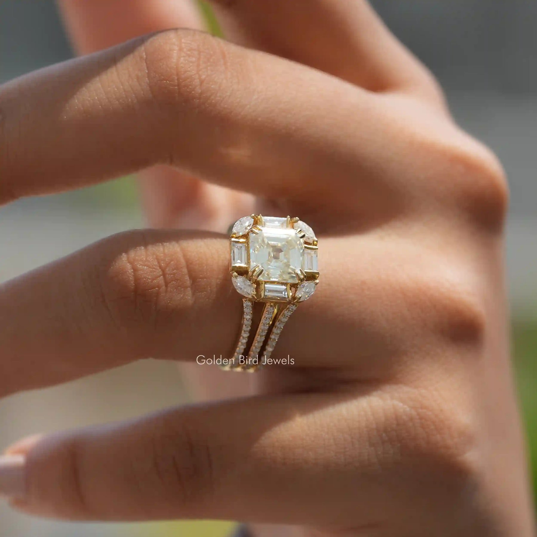 [This moissanite old mine asscher cut ring made of side marquise & baguette cut stones]
