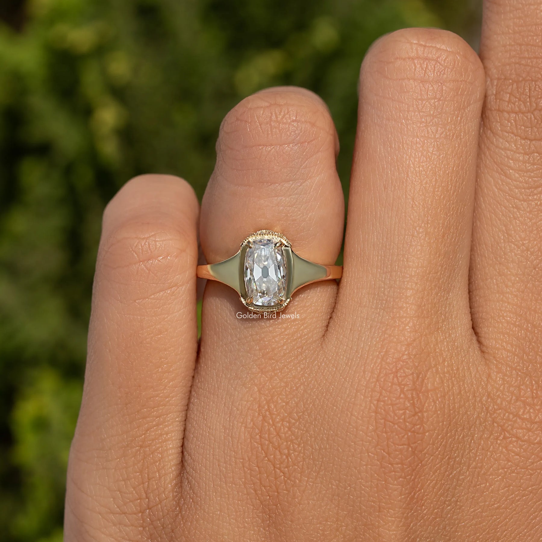 Elongated Old Mine Cushion Cut Moissanite Ring
