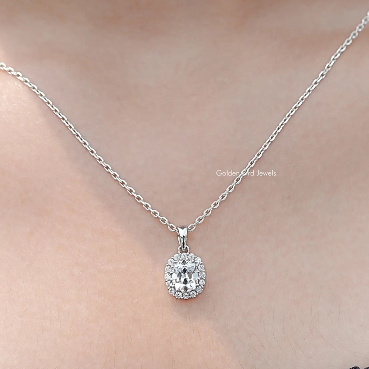 Old Mine Cushion Cut Lab Diamond Halo Pendant