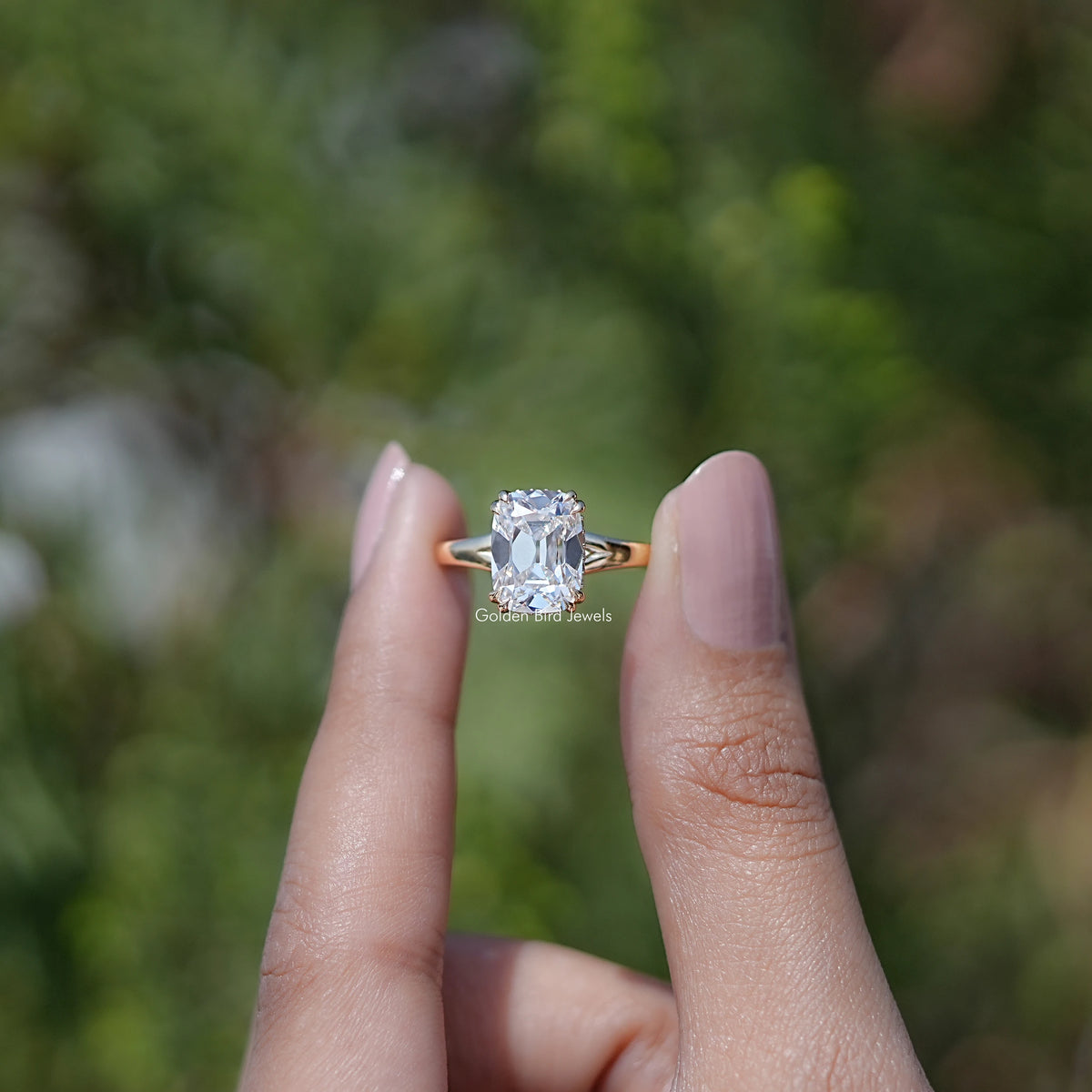 Old Mine Cushion Cut Lab Diamond Split Shank Ring