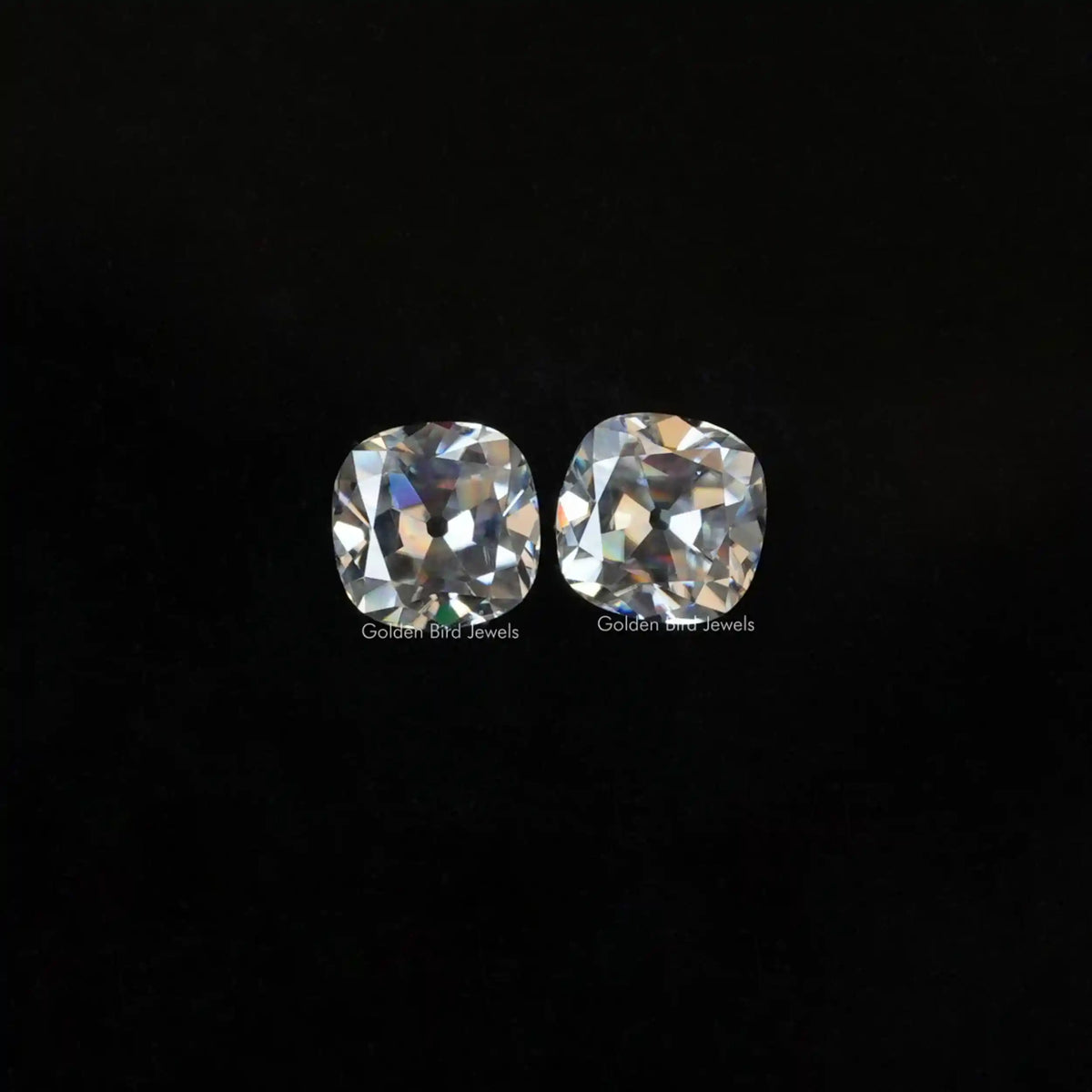 [Front view of old mine cut cushion matching pair]-[Golden Bird Jewels]
